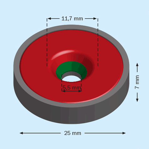 legatoria Magnete con foro svasato, 25mm NICHELATO, in metallo, con magnete al neodimio N38. Diametro: 25mm, altezza: 5mm, larghezza foro: 5.5-11.7mm (forza di attrazione:19kg).