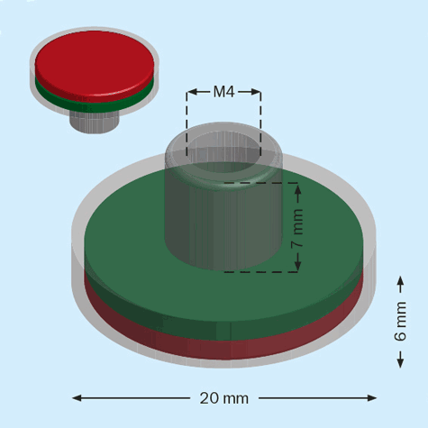 legatoria Magnete con alloggio vite, 20mm NICHELATO, in metallo, con magnete al neodimio N38 (forza di attrazione: 13 kg). ASTA ALLOGGIO VITE: diametro esterno 8mm, altezza esterna 7mm, filettatura 4MA, profondit filettatura 6mm. BASE diametro 20mm, altezza base+asta filettata: 13mm.