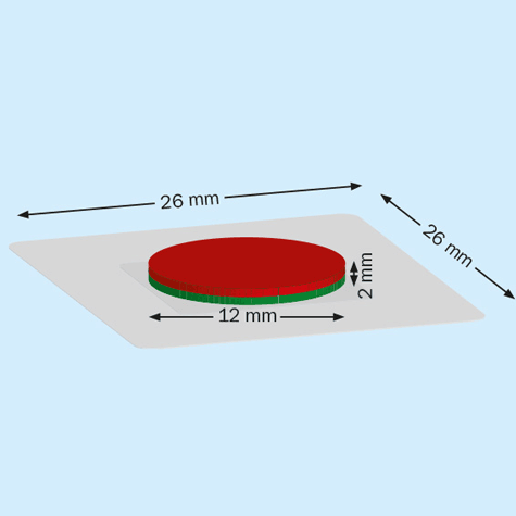 legatoria Calamita da cucire. Diametro12mm, QUADRATA Magnete diametro 12mm, altezza 2 mm, calamita con grado magnetico N35 (forza di attrazione:1,2kg). Ideale per il cucito, � avvolta in una tasca plastica QUADRATA di lato 26 mm..