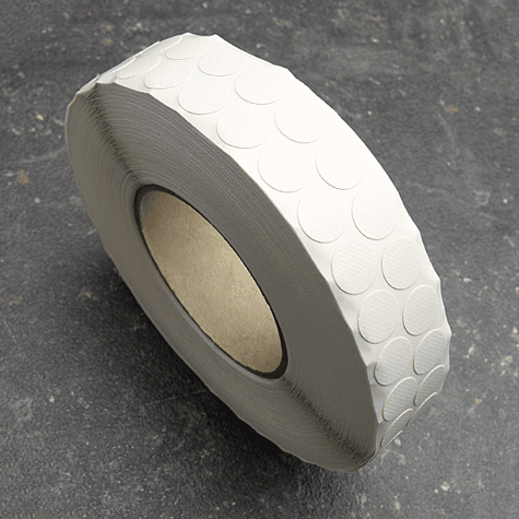 legatoria Bollini autoadesivi tessuto, 15mm  BIANCO, diametro 15mm, adesivo permanente, in rotolo.