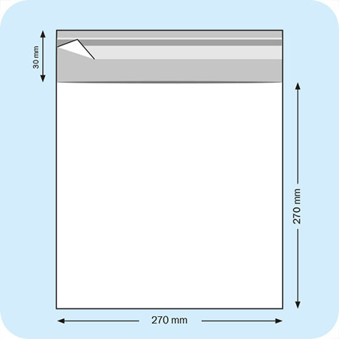 legatoria Sacchetto polipropilene orientato (OPP) 270x270mm TRASPARENTE, in polipropilene (OPP) da 30 micron, con patella da 30mm e banda autoadesiva di chiusura sul lato corto, adatta anche per mailing.