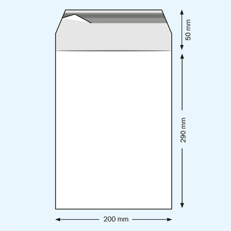 legatoria Sacchetto con chiusura autoadesiva, 200x290mm TRASPARENTE, in polietilene da 50 micron, con patella da 50mm e banda autoadesiva di chiusura sul lato corto, adatta anche per mailing.