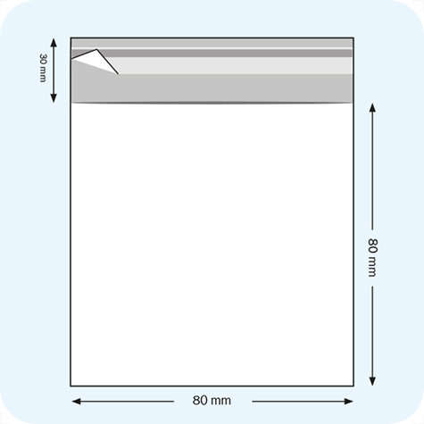 legatoria Sacchetto polipropilene orientato (OPP) 80x120mm TRASPARENTE, in polipropilene (OPP) da 30 micron, con patella da 30mm e banda autoadesiva di chiusura sul lato corto.