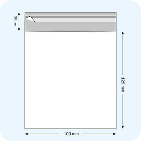 legatoria Sacchetto polipropilene orientato (OPP) 100x125mm TRASPARENTE, in polipropilene (OPP) da 30 micron, con patella da 30mm e banda autoadesiva di chiusura sul lato corto.