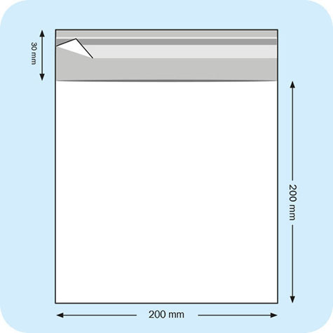 legatoria Sacchetto polipropilene orientato (OPP) 200x200mm TRASPARENTE, in polipropilene (OPP) da 30 micron, con patella da 30mm e banda autoadesiva di chiusura sul lato corto.