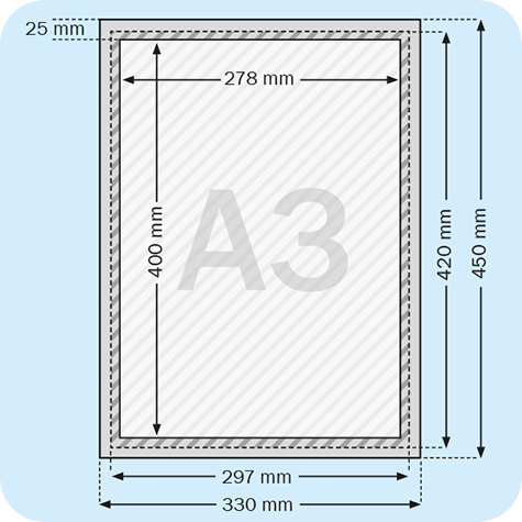 legatoria Cornice alluminio. scatto. A3 NERA NERA, ANGOLI SQUADRATI. Per fogli di dimensione A3(297x420mm). Dimensioni esterne: 330x450mm. Area visibile: 278x400mm. Altezza profilo: 25mm. La cornice � dotata di foglio protettivo in PVC trasparente antiriflesso.