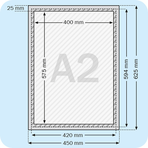 legatoria Cornice alluminio. scatto. A2 BIANCA ANGOLI SQUADRATI. Per fogli di dimensione A2(420x594mm). Dimensioni esterne: 450x625mm. Area visibile: 400x575mm. Altezza profilo: 25mm. La cornice � dotata di foglio protettivo in PVC trasparente antiriflesso.