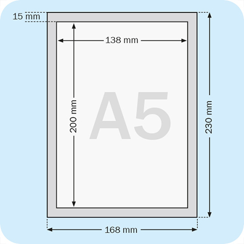 legatoria Cornice A5, ARGENTO il foglio protettivo trasparente antiriflesso  adeso con nastro magnetico di larghezza 8 mm e spessore 1.5mm. Per fogli di dimensione A5(148x210mm). Dimensioni esterne: 168x230mm. Area visibile: 138x200mm. Altezza profilo: 25mm..