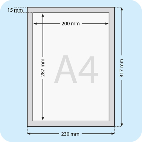 legatoria Cornice A4. BLU il foglio protettivo trasparente antiriflesso  adeso con nastro magnetico di larghezza 8 mm e spessore 1.5mm. Per fogli di dimensione A4(210x297mm). Dimensioni esterne: 317x230mm. Area visibile: 287x200mm. Altezza profilo: 25mm..