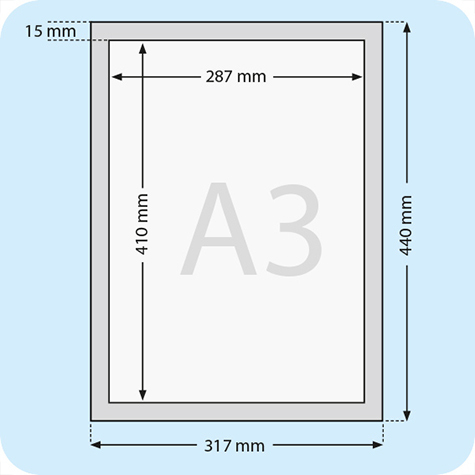 legatoria Cornice A4. GIALLO il foglio protettivo trasparente antiriflesso � adeso con nastro magnetico di larghezza 8 mm e spessore 1.5mm. Per fogli di dimensione A3(297x420mm). Dimensioni esterne: 440x317mm. Area visibile: 410x287m. Altezza profilo: 25mm..