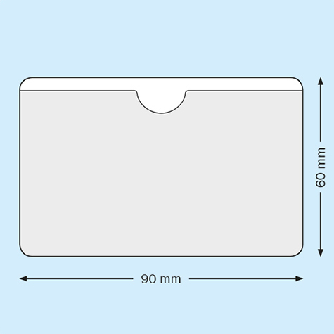 legatoria Portabiglietti da visita adesivo 90x60mm Business Card Pocket in vinile trasparente 120 micron, apertura sul lato lungo con intagliatura centrale per facilitare l'inserimento e l'estrazione del biglietto, il foglio frontale  ribassato e il retro  autoadesivo.