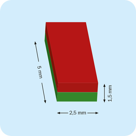 legatoria Calamita rettangolare. 5x2x1mm Calamita rettangolare in neodimio, grado magnetico 44H (forza di attrazione: 350g).