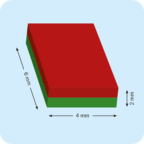 legatoria Calamita rettangolare. 6x4x2mm Calamita rettangolare in neodimio, grado magnetico 44H (forza di attrazione: 640g).
