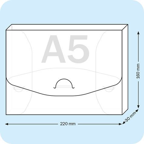 legatoria Scatola portadocumenti A5 TRASPARENTE opaco, in pesante polipropilene da 800 micron, aperta sul lato lungo, formato A5 (160x220x27mm). Con patella di chiusura .