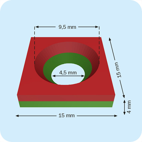 legatoria Magnete con foro svasato, 15x15mm NICHELATO, in metallo, con magnete al neodimio N35. Dimensioni: 15x15mm, altezza: 4mm, larghezza foro: 4.5-9.5mm (forza di attrazione:4000g).