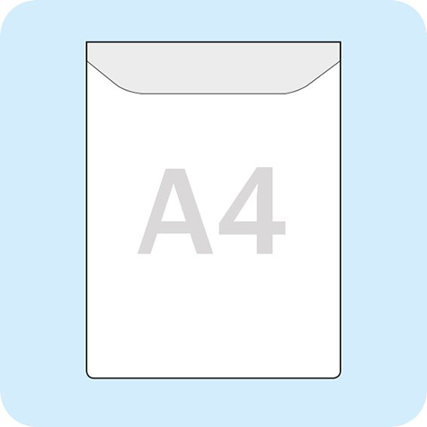 legatoria Busta autoadesiva A4 apertura lato corto pattella Formato A4 (210x297mm) in vinile trasparente, adesivo removibile, apertura su lato corto con pattella, in PVC rigido da 140 micron. Rapido inserimento del cartello grazie allapertura sul lato lungo e corto. Chiusura con angolo 75x75mm*.