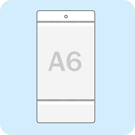 legatoria Busta a U. foro 105x148mm(A6) TRASPARENTE, foro 3mm, in PVC morbido da 180 micron. Aperta sul lato corto. Contiene fogli formato A6 (105x148mm). Formato esterno (115x230mm) con alla base tasca aggiuntiva 45x115mm .