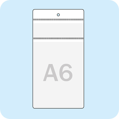 legatoria Busta a U. foro 105x148mm(A6) TRASPARENTE, foro 3mm, in PVC morbido da 180 micron. Aperta sul lato corto. Contiene fogli formato A6 (105x148mm). Formato esterno (115x230mm) con tasca aggiuntiva 45x115mm .