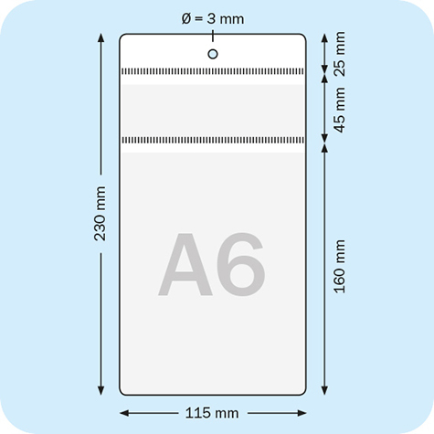 legatoria Busta a U. foro 105x148mm(A6) TRASPARENTE, foro 3mm, in PVC morbido da 180 micron. Aperta sul lato corto. Contiene fogli formato A6 (105x148mm). Formato esterno (115x230mm) con tasca aggiuntiva 45x115mm .