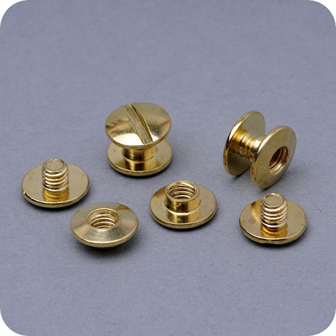 legatoria Viti sepolte rilegatura, OTTONATE, 3mm lunghezza 3mm, testa diametro 10mm, tubetto diametro 5mm, una testa fissa ed una mobile. Per lunghezza, si intende la distanza INTERNA tra le due teste, che corrisponde allo spessore del volume da rilegare.