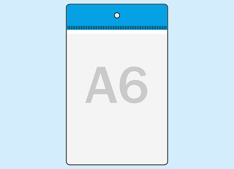 legatoria Busta a U. foro 105x148mm(A6) BLU, con lato sporgente e con foro da 5mm per lappensione, in PVC morbido da 140 micron, aperta sul lato corto. Contiene fogli formato A6 (10,5x14,85cm). Formato esterno (115x157mm).