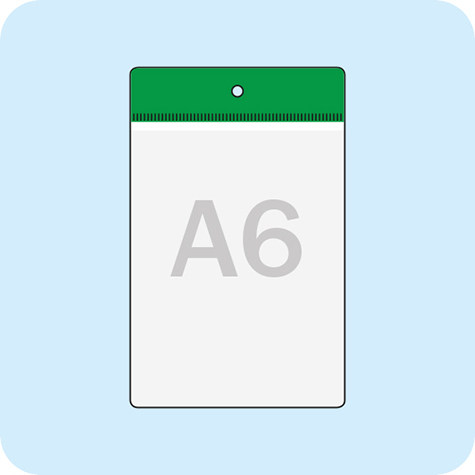 legatoria Busta a U. foro 105x148mm(A6) VERDE, con lato sporgente e con foro da 5mm per l�appensione, in PVC morbido da 140 micron, aperta sul lato corto. Contiene fogli formato A6 (10,5x14,85cm). Formato esterno (115x157mm).