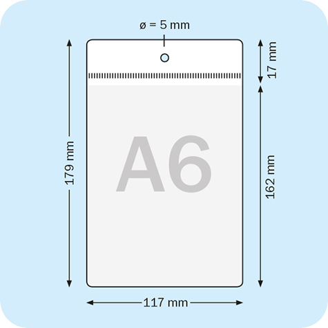 legatoria Busta a U. foro 105x148mm(A6) GIALLO, con lato sporgente e con foro da 5mm per lappensione, in PVC morbido da 140 micron, aperta sul lato corto. Contiene fogli formato A6 (10,5x14,85cm). Formato esterno (115x157mm).