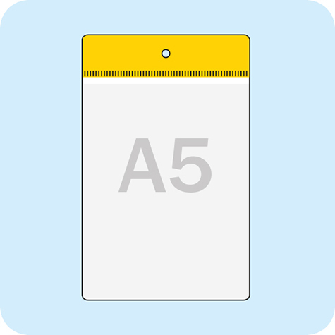 legatoria Busta APPENDIBILE 148x210mm(A5). GIALLO GIALLO, con lato sporgente e con foro da 5mm per lappensione, in PVC morbido da 140 micron, aperta sul lato corto. Contiene fogli formato A5 (15x21cm). Formato esterno 157x228mm. Senza patella di chiusura.