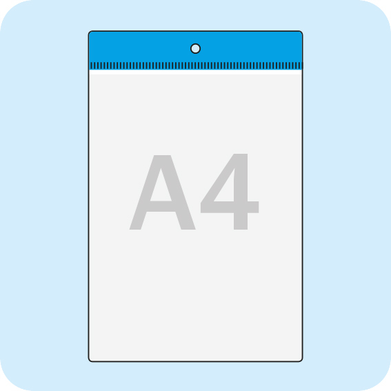 legatoria Busta a U. ConForo 210x297mm(A4) BLU, con lato sporgente e con foro da 5mm per lappensione, in PVC morbido da 140 micron, aperta sul lato corto. Contiene fogli formato A4 (21x30cm). Formato esterno 220x340mm. Senza patella di chiusura.