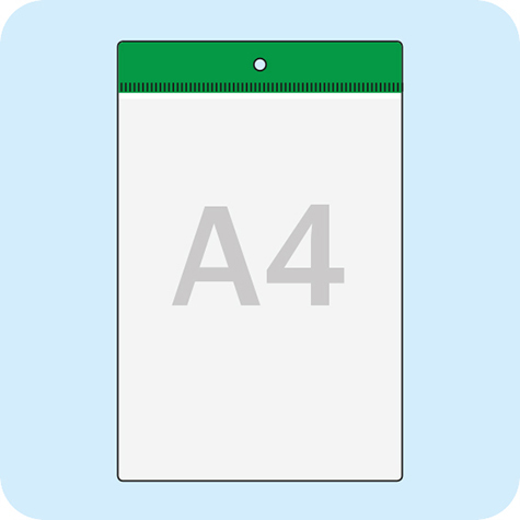 legatoria Busta a U. foro 210x297mm(A4) VERDE, con lato sporgente e con foro da 5mm per lappensione, in PVC morbido da 140 micron, aperta sul lato corto. Contiene fogli formato A4 (21x30cm). Formato esterno 220x340mm. Senza patella di chiusura.