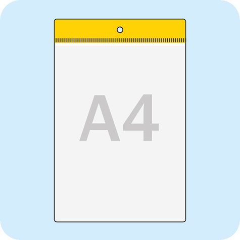 legatoria Busta a U. foro 210x297mm(A4) GIALLO, con lato sporgente e con foro da 5mm per lappensione, in PVC morbido da 140 micron, aperta sul lato corto. Contiene fogli formato A4 (21x30cm). Formato esterno 220x340mm. Senza patella di chiusura.