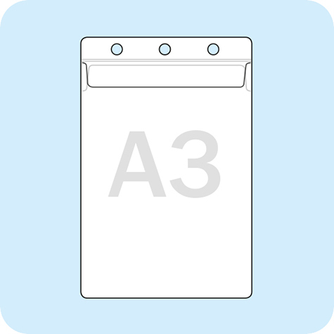 legatoria Busta a U. fori 297x420mm(A3) TRASPARENTE, con lato sporgente e con 3 fori per lappensione, in PVC morbido da 180 micron, aperta sul lato corto. Contiene fogli formato A3 (297x420mm). Formato esterno (310x450mm). Con pattella 25mm.