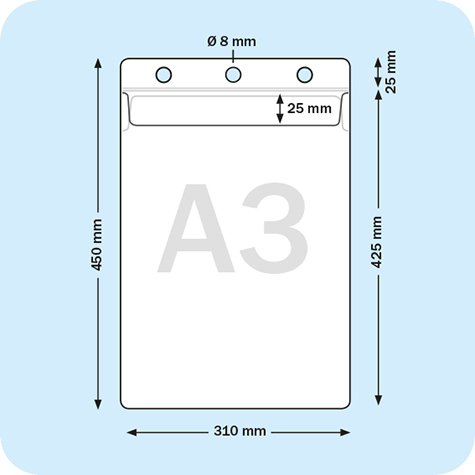 legatoria Busta a U. fori 297x420mm(A3) TRASPARENTE, con lato sporgente e con 3 fori per lappensione, in PVC morbido da 180 micron, aperta sul lato corto. Contiene fogli formato A3 (297x420mm). Formato esterno (310x450mm). Con pattella 25mm.