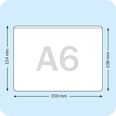 legatoria Busta a U. A6 orizzontale TRASPARENTE, in polipropilene da 180 micron, aperta sul lato lungo, formato A6 (105x148mm), . Formato esterno: 114x160mm.