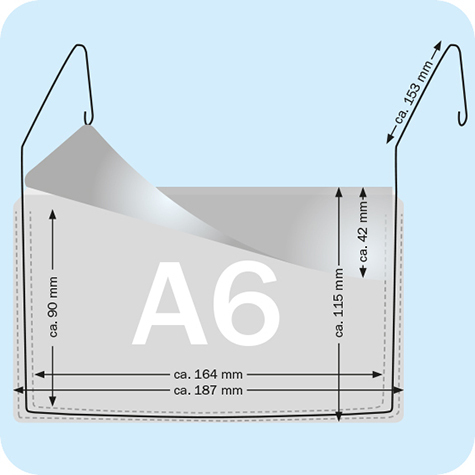 legatoria Busta rinforzata. 187x115 lato lungo TRASPARENTE, con rinforzi metallici 153mm, con pattella di chiusura, aperta sul lato lungo, in PVC flessibile 140 micron, per inserire fogli formato A6.