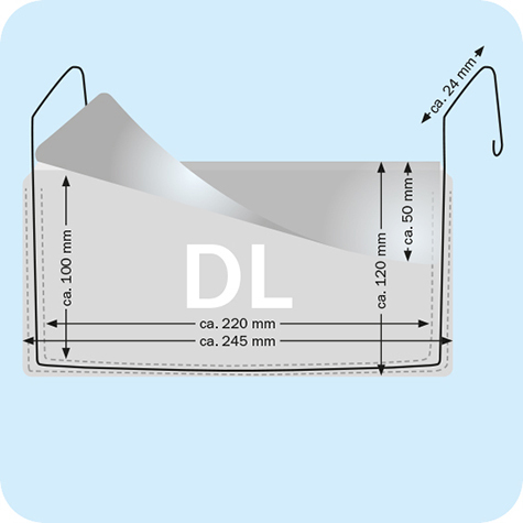 legatoria Busta rinforzata. 245x124 lato lungo TRASPARENTE, con rinforzi metallici, con pattella di chiusura, aperta sul lato lungo, in PVC flessibile 140 micron, per inserire fogli formato 222x78mm.