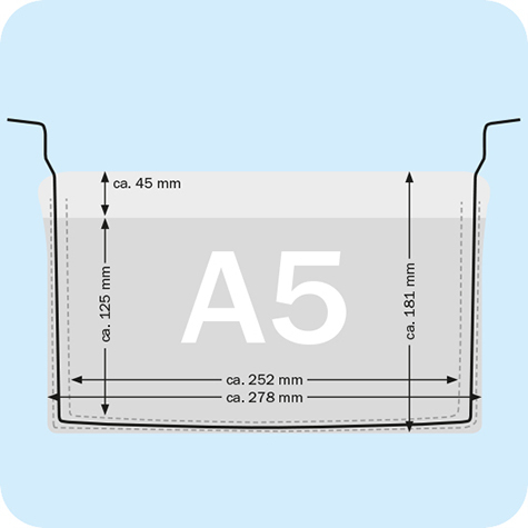 legatoria Busta rinforzata. A5 lato lungo BLU TRASPARENTE, con rinforzi metallici, senza pattella di chiusura, aperta sul lato corto, in PVC flessibile 140 micron, per inserire fogli formato A5 (148x210cm).