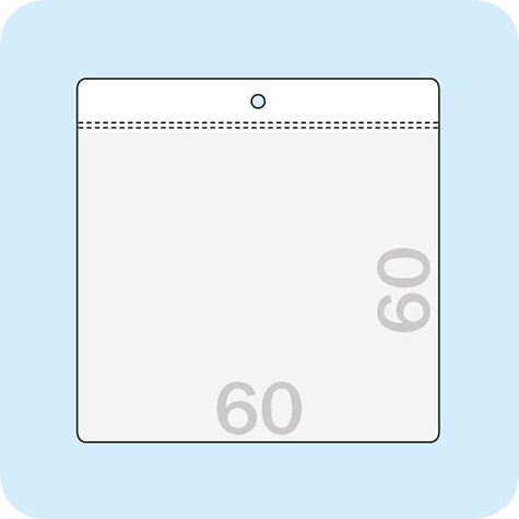 legatoria Busta U. foro. 60x60mm TRASPARENTE, con lato sporgete e con foro da 5mm per lappensione, in PCV morbido da 140 micron, aperta sul lato corto. Formato esterno 69x70mm. Senza patella di chiusura.