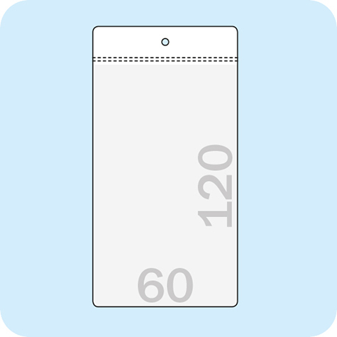 legatoria Busta U. foro. 60x120mm TRASPARENTE, con lato sporgente e con foro da 5mm per lappensione, in PCV morbido da 140 micron, aperta sul lato corto. Formato esterno 69x130mm. Senza patella di chiusura.