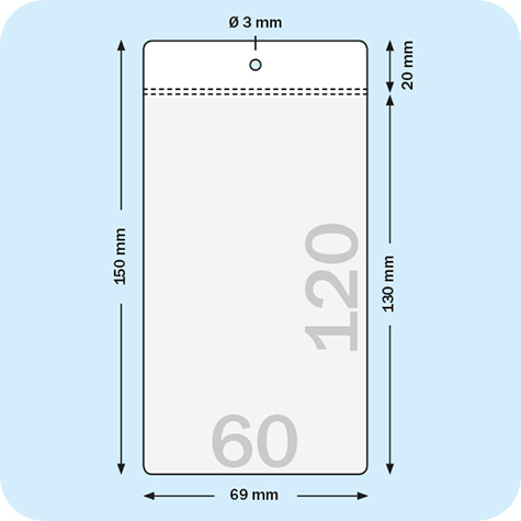 legatoria Busta U. foro. 60x120mm TRASPARENTE, con lato sporgente e con foro da 5mm per lappensione, in PCV morbido da 140 micron, aperta sul lato corto. Formato esterno 69x130mm. Senza patella di chiusura.