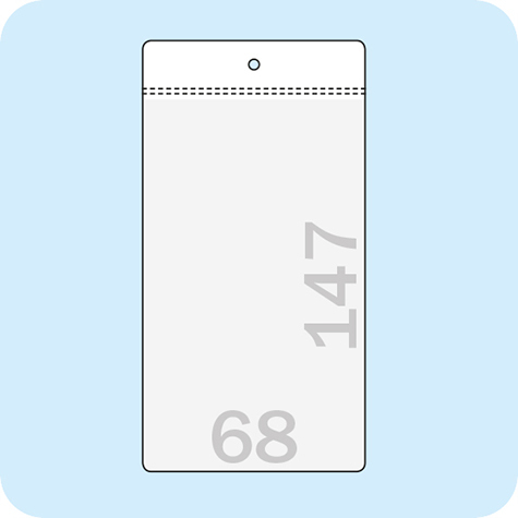legatoria Busta U. foro. 68x147mm TRASPARENTE, con lato sporgente e con foro da 5mm per l�appensione, in PCV morbido da 140 micron, aperta sul lato corto. Formato esterno 77x157mm. Senza patella di chiusura.