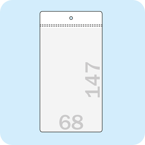 legatoria Busta U. foro. 68x147mm TRASPARENTE, con lato sporgente e con foro da 5mm per lappensione, in PCV morbido da 140 micron, aperta sul lato corto. Formato esterno 77x157mm. Senza patella di chiusura.