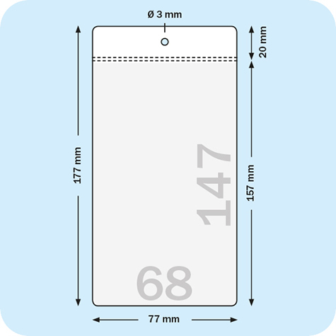 legatoria Busta U. foro. 68x147mm TRASPARENTE, con lato sporgente e con foro da 5mm per lappensione, in PCV morbido da 140 micron, aperta sul lato corto. Formato esterno 77x157mm. Senza patella di chiusura.