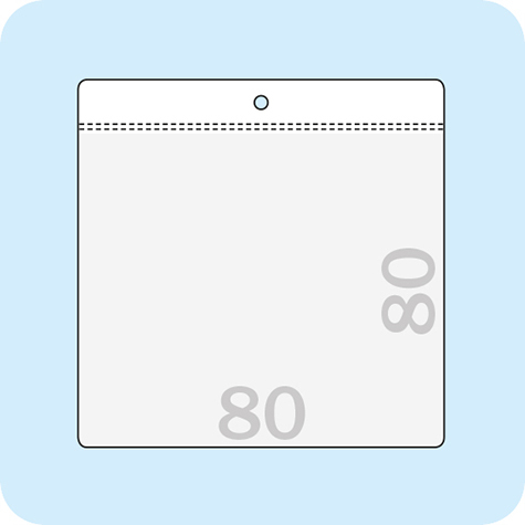 legatoria Busta U. foro. 80x80mm TRASPARENTE, con lato sporgente e con foro da 5mm per l�appensione, in PCV morbido da 140 micron, aperta sul lato corto. Formato esterno 90x90mm. Senza patella di chiusura.