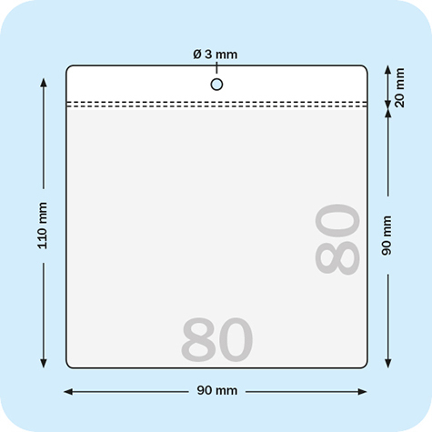 legatoria Busta U. foro. 80x80mm TRASPARENTE, con lato sporgente e con foro da 5mm per lappensione, in PCV morbido da 140 micron, aperta sul lato corto. Formato esterno 90x90mm. Senza patella di chiusura.