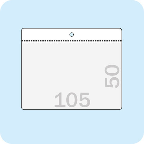 legatoria Busta U. foro. 105x50mm TRASPARENTE, con lato sporgente e con foro da 5mm per lappensione, in PCV morbido da 140 micron, aperta sul lato corto. Formato esterno 114x60mm. Senza patella di chiusura.