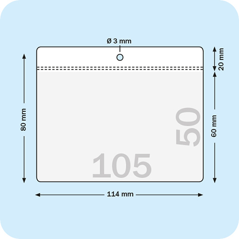 legatoria Busta U. foro. 105x50mm TRASPARENTE, con lato sporgente e con foro da 5mm per lappensione, in PCV morbido da 140 micron, aperta sul lato corto. Formato esterno 114x60mm. Senza patella di chiusura.