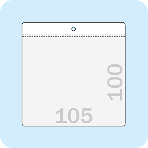 legatoria Busta U. foro. 105x100mm TRASPARENTE, con lato sporgente e con foro da 5mm per lappensione, in PCV morbido da 180 micron, aperta sul lato corto. Formato esterno 114x110mm. Senza patella di chiusura.