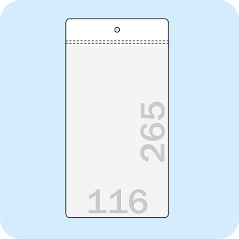 legatoria Busta U. foro. 116x265mm TRASPARENTE, con lato sporgente e con foro da 5mm per lappensione, in PCV morbido da 180 micron, aperta sul lato corto. Formato esterno 125x275mm. Senza patella di chiusura.