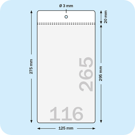 legatoria Busta U. foro. 116x265mm TRASPARENTE, con lato sporgente e con foro da 5mm per lappensione, in PCV morbido da 180 micron, aperta sul lato corto. Formato esterno 125x275mm. Senza patella di chiusura.